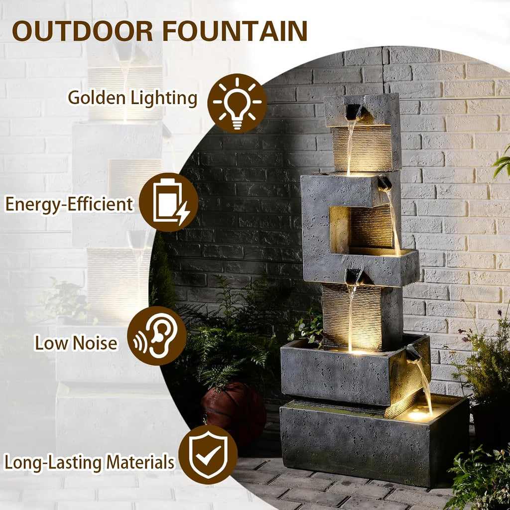 Sunlinua 48.4' H Outdoor Water Fountain with 4 Tiers Cascading Realistic Rock Waterfall Fountains with LED Lights Outdoor Water Fountain for Garden Patio Backyard Porch Home Decor