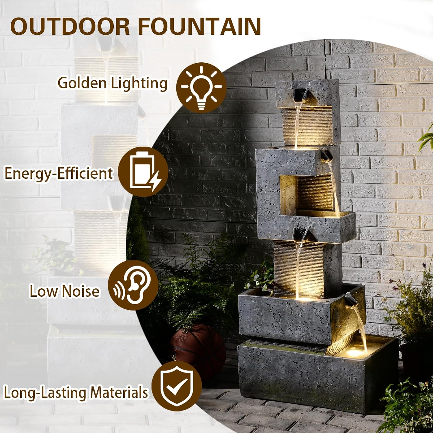 Sunlinua 48.4' H Outdoor Water Fountain with 4 Tiers Cascading Realistic Rock Waterfall Fountains with LED Lights Outdoor Water Fountain for Garden Patio Backyard Porch Home Decor