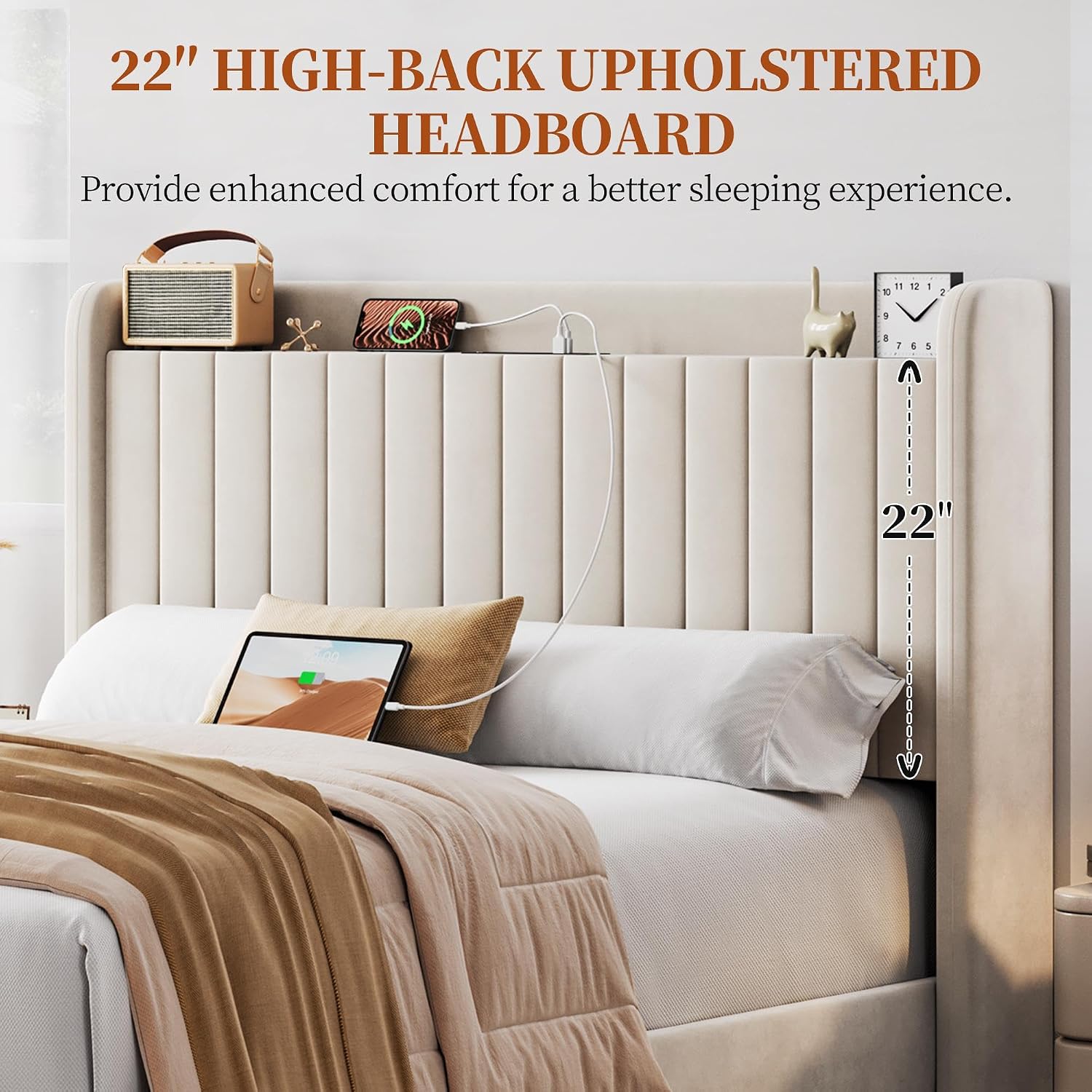 Yaheetech Full Size Bed Frame with USB Charging Station and Storage Shelf/Upholstered Headboard Platform Bed with Wing Side/Wooden Slats Support/Noise Free/No Box Spring Needed/Easy Assembly, Beige