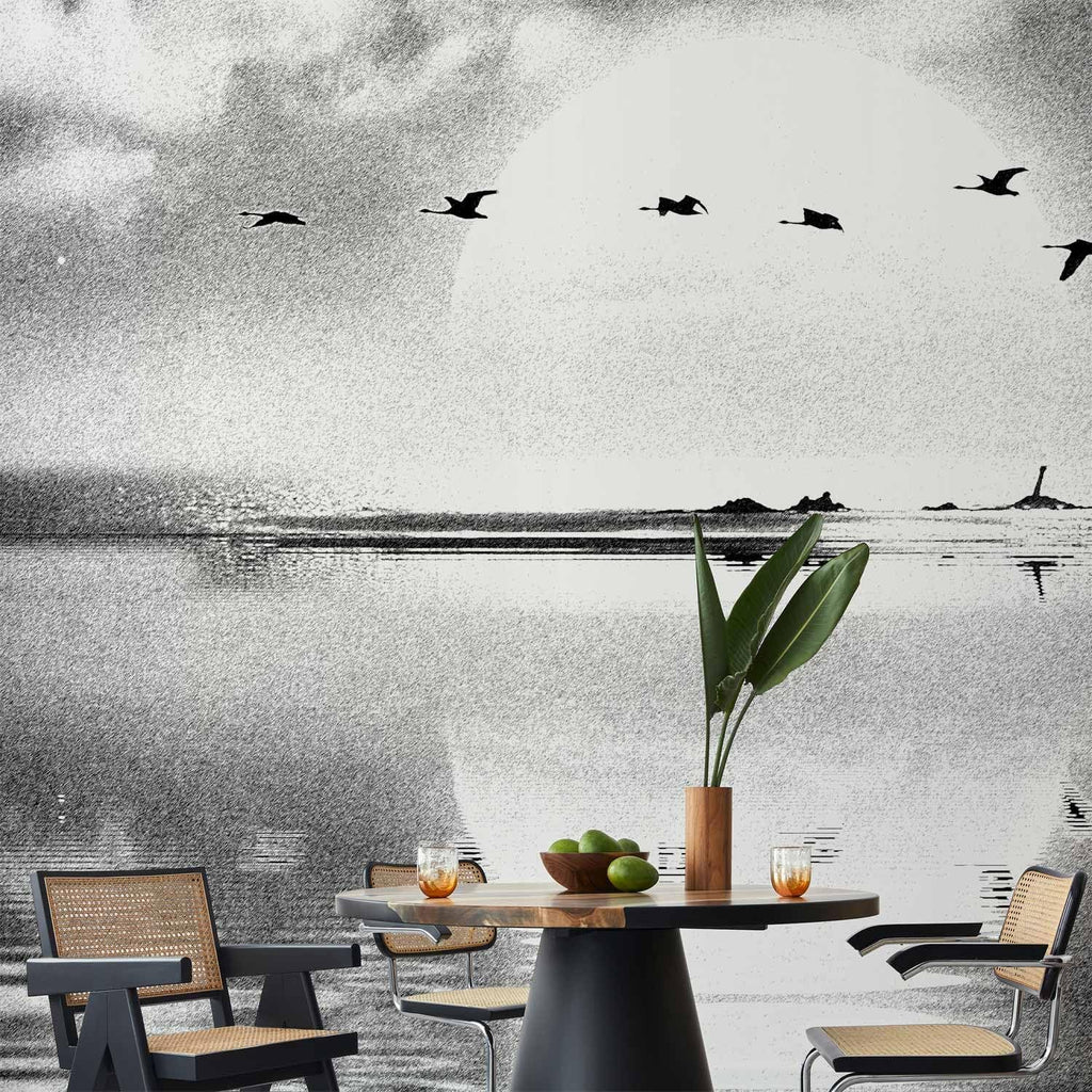 artgeist Premium Wall Mural Landscape Lake 157x110 in - Non-Woven Wallpaper Fleece Wall Decor Photo Print Picture Image Design Concrete Bird Nature Grey Like Painted c-C-10025-a-a