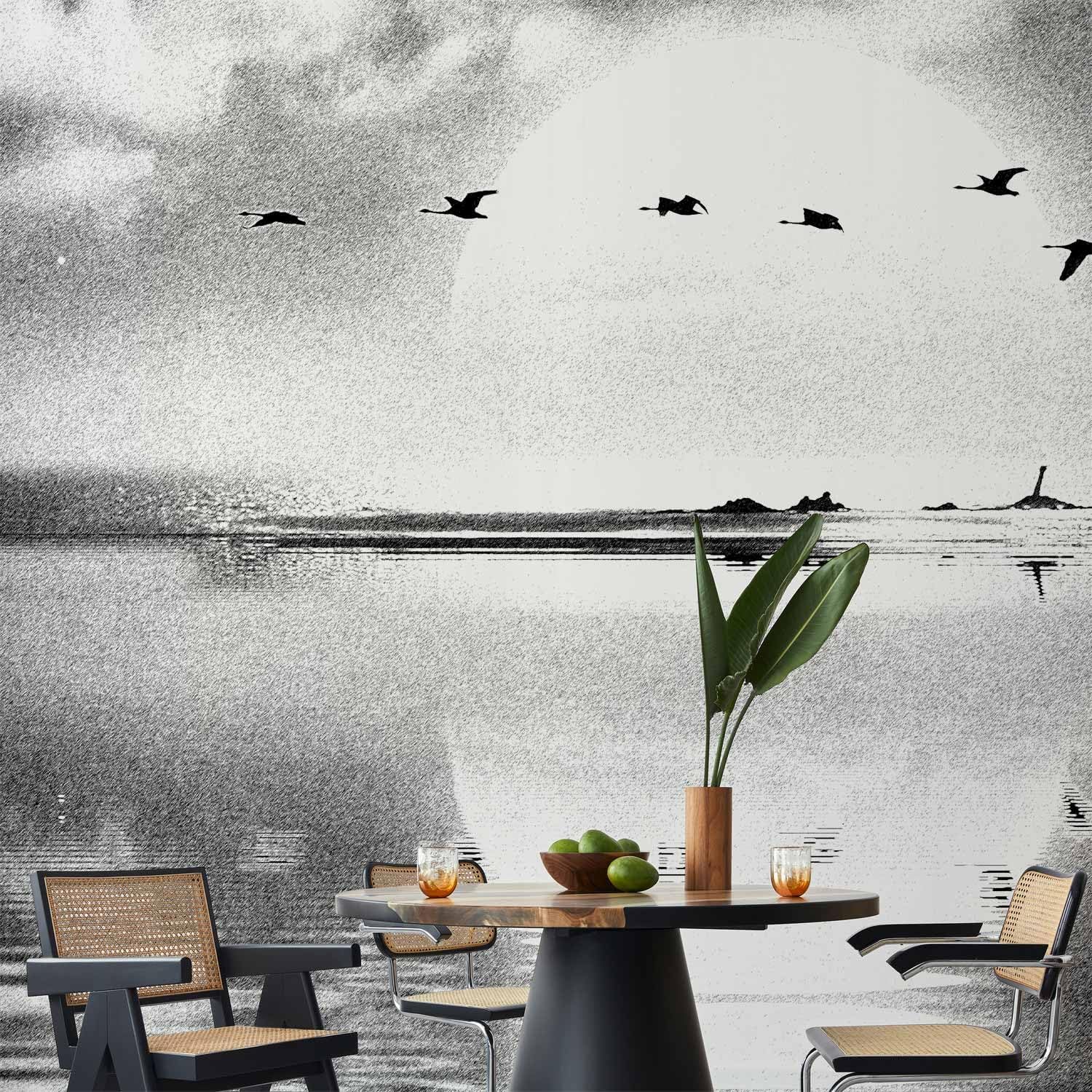 artgeist Premium Wall Mural Landscape Lake 157x110 in - Non-Woven Wallpaper Fleece Wall Decor Photo Print Picture Image Design Concrete Bird Nature Grey Like Painted c-C-10025-a-a