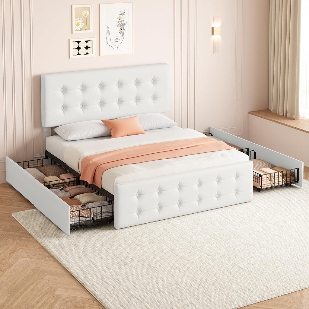 IDEALHOUSE Queen Size Bed Frame with 4 Storage Drawers and Headboard, Faux Leather Upholstered Platform Bed Frame with Wooden Slats Support, Button Tufted Design, No Box Spring Needed, Beige