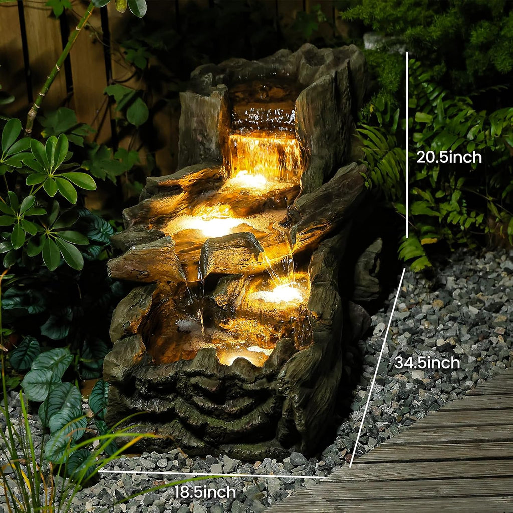 Sunlinua 34.5' L Garden Outdoor Water Fountain, Floor Standing Wood Imitation Resin Natural Waterfall Fountains with LED Lights for Patio, Porch, Home Art Decor