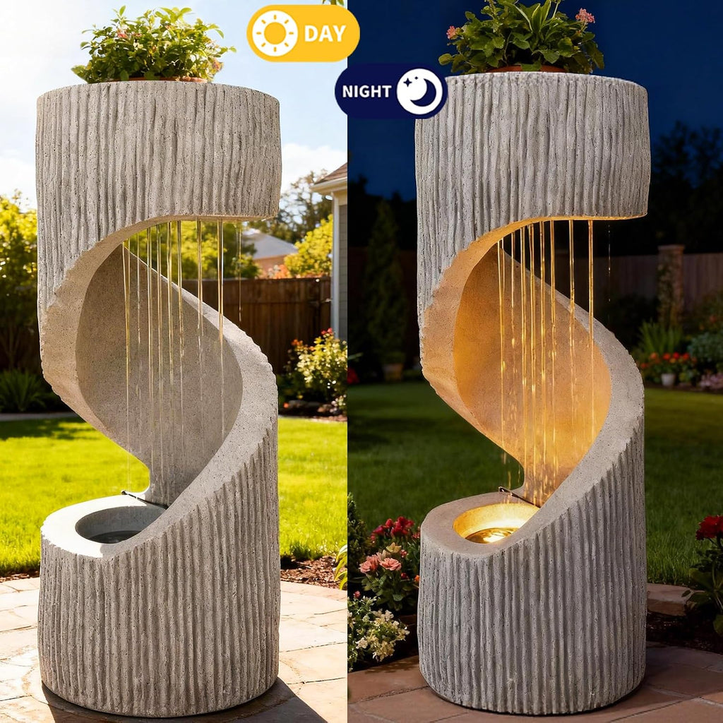 40' Outdoor Water Fountain with LED Light, S-Shaped Modern Curved Outdoor Fountain, Spiral Column Fountain, Decorative Waterfall Feature with Flat Top Plant Display for Garden, Patio Decor