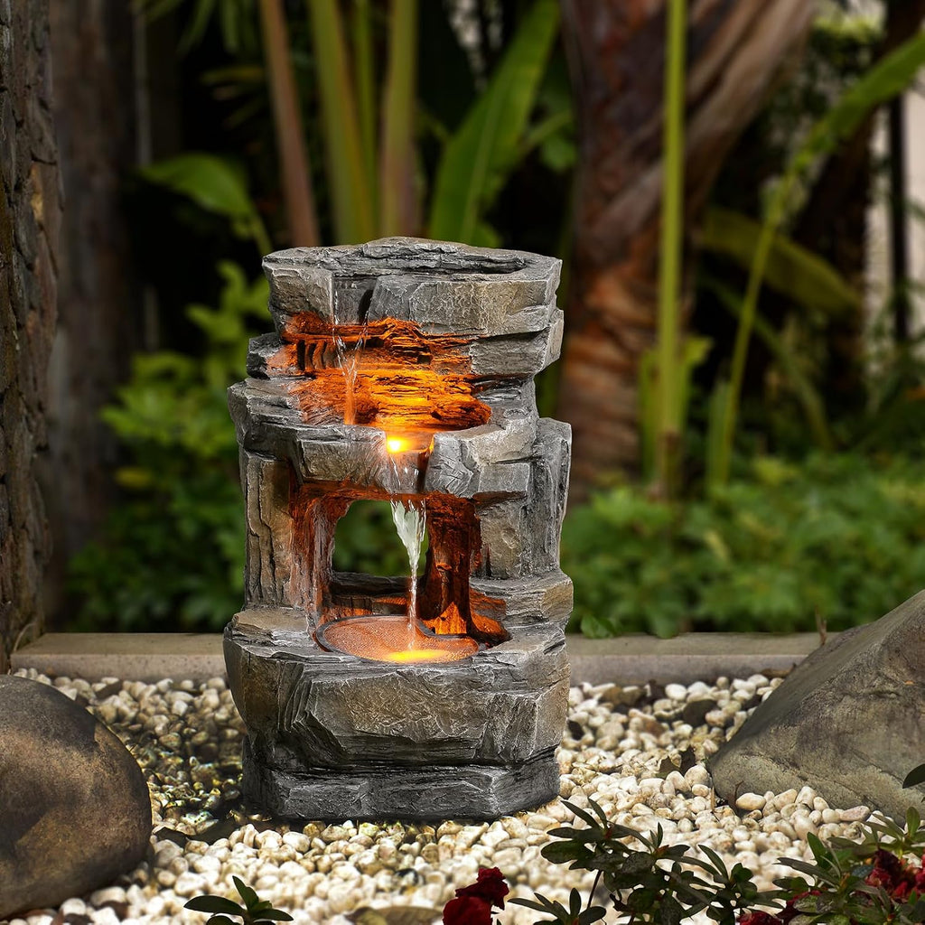 Kalona Outdoor Waterfall Fountain with LED Lights - 3-Tier Resin Rock Water Feature for Garden Patio Backyard, 21.5' Tall Fountain Decor 24392