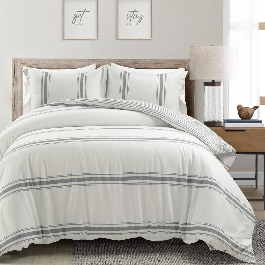 Lush Decor Farmhouse Stripe Reversible Cotton Duvet Cover Set 3 Piece Set, King Dark Gray - Bedding Set - Striped Duvet Cover King Size - Farmhouse Decor
