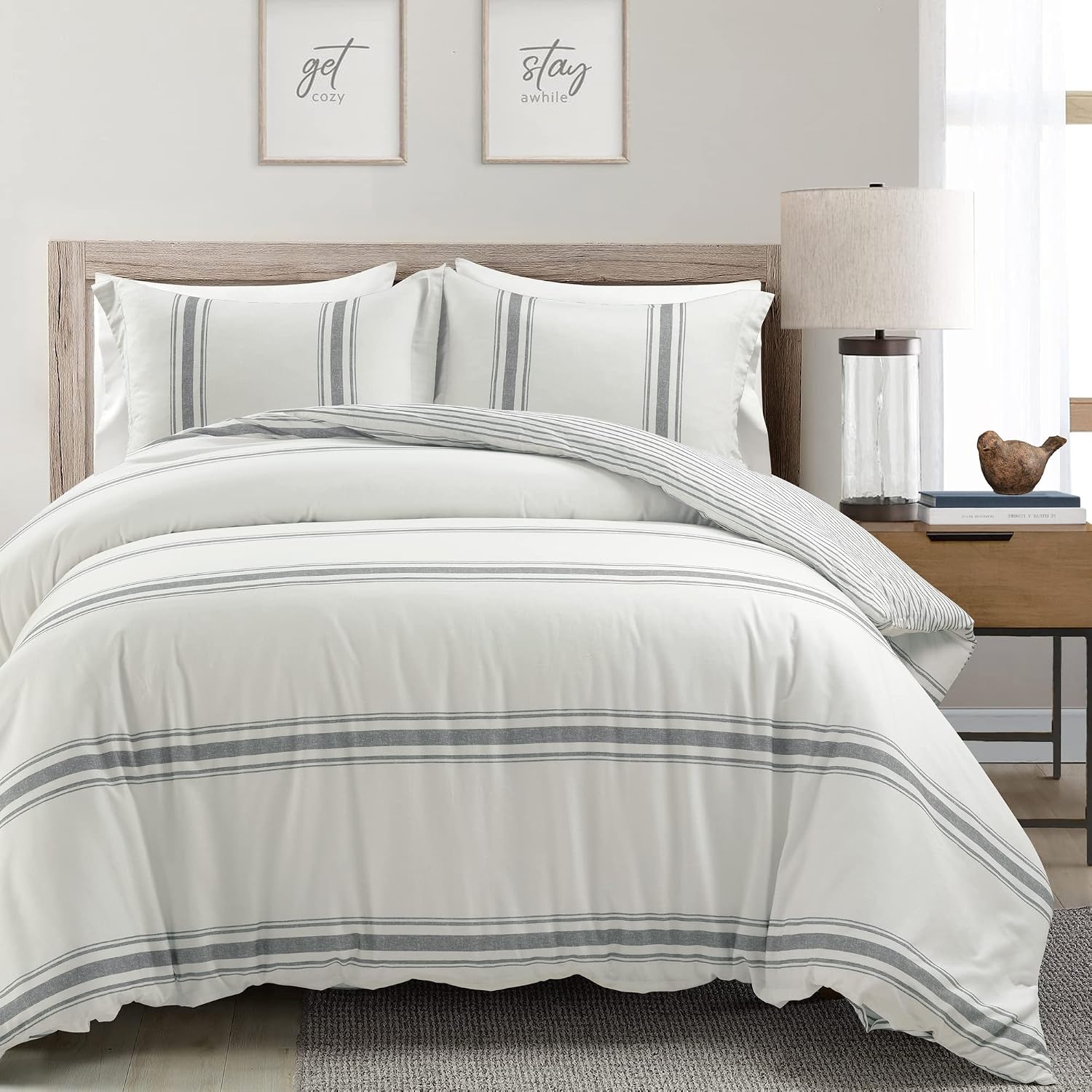 Lush Decor Farmhouse Stripe Reversible Cotton Duvet Cover Set 3 Piece Set, King Dark Gray - Bedding Set - Striped Duvet Cover King Size - Farmhouse Decor