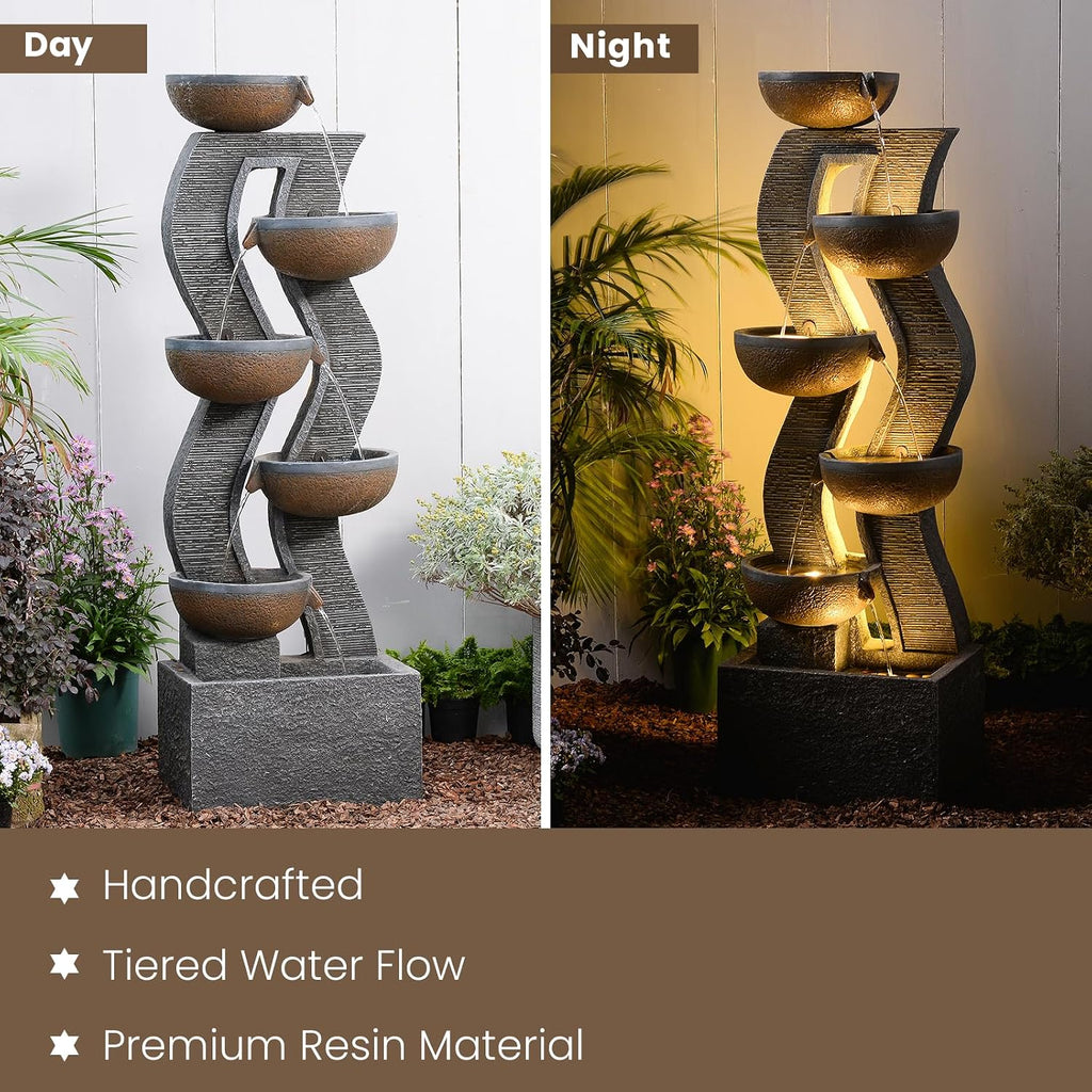 52.8' Tall Outdoor Water Fountain with Lights, 6-Tier Cascading Resin Waterfall Feature for Porch, Garden, Yard, Deck, Patio – Large Freestanding Outdoor Fountain and Waterfall Outside Decor