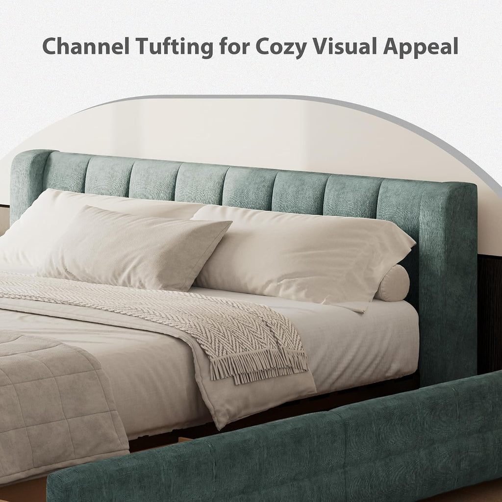 DEINPPA Queen Size Bed Frame with 4 Storage Drawers and Cloud Soft Headboard, Chenille Upholstered Grounded Wood Base Bed Frame, No Box Spring Needed-Blue+Green