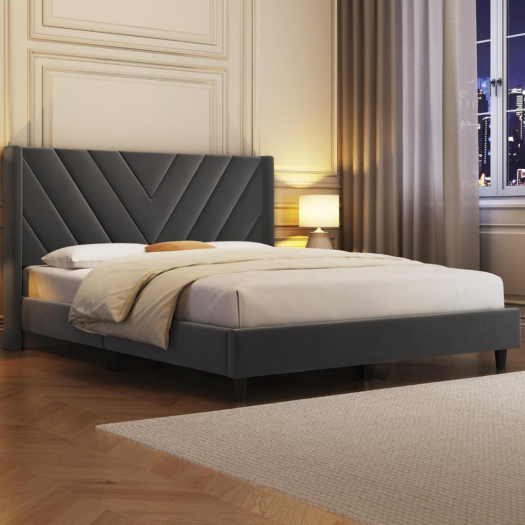 Yaheetech Queen Bed Frame Upholstered Platform Bed/Wooden Slat Support/Tufted Headboard with Wing Side/Mattress Foundation/No Box Spring Needed,Dark Gray Queen