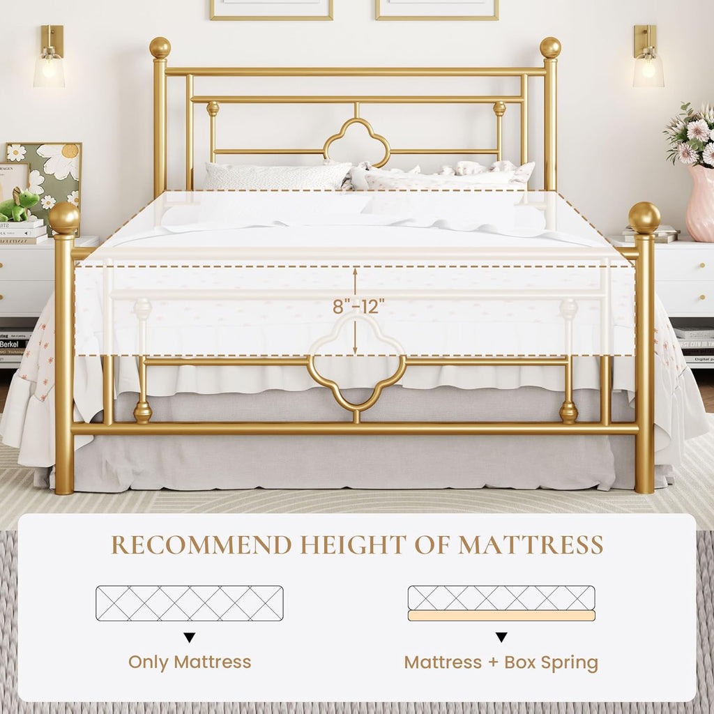 SHA CERLIN 14 Inches Queen Size Metal Platform Bed Frame/Vintage Iron-Art Headboard and Footboard/Mattress Foundation for Storage/No Box Spring Needed/Noise-Free/Easy Assembly/Gold