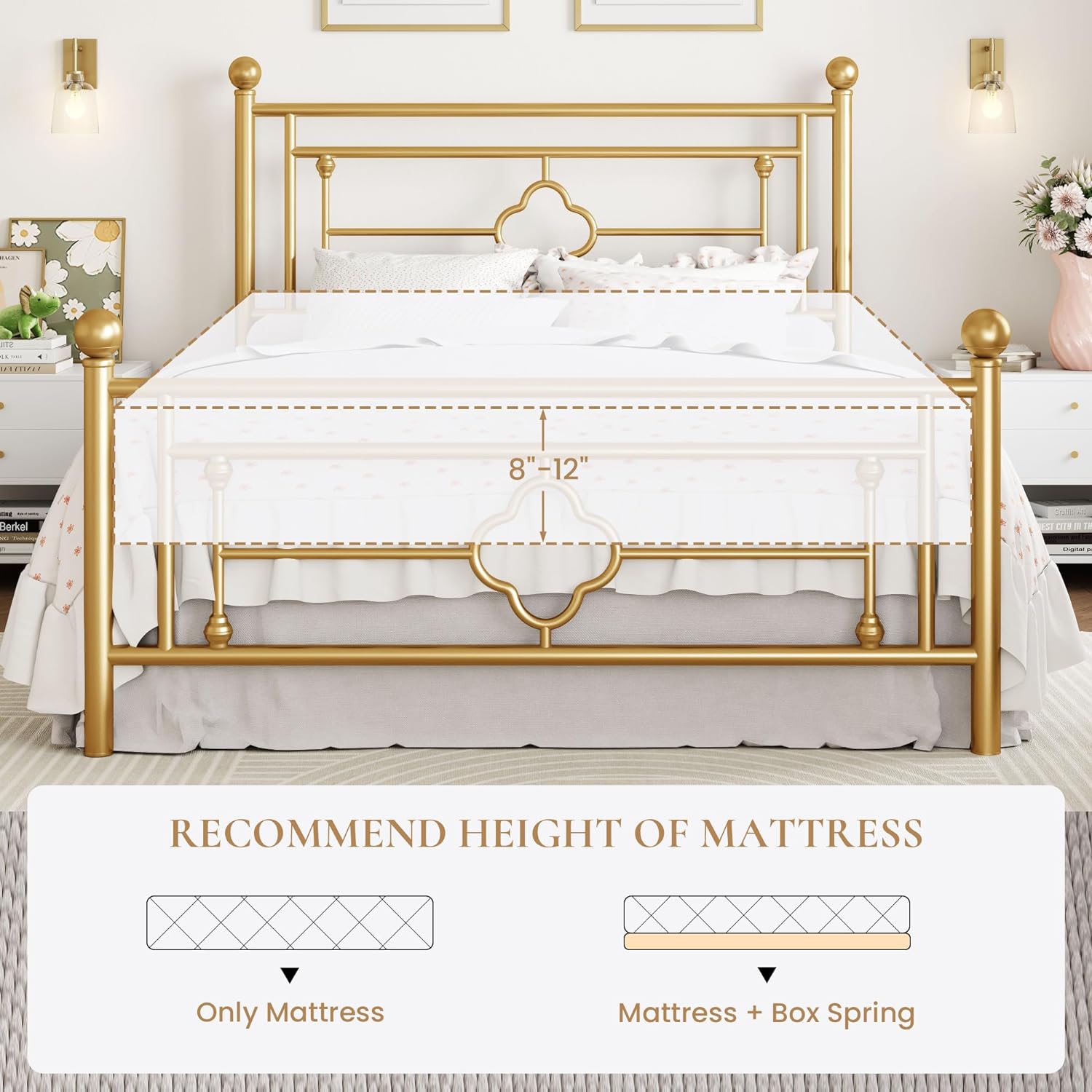 SHA CERLIN 14 Inches Queen Size Metal Platform Bed Frame/Vintage Iron-Art Headboard and Footboard/Mattress Foundation for Storage/No Box Spring Needed/Noise-Free/Easy Assembly/Gold
