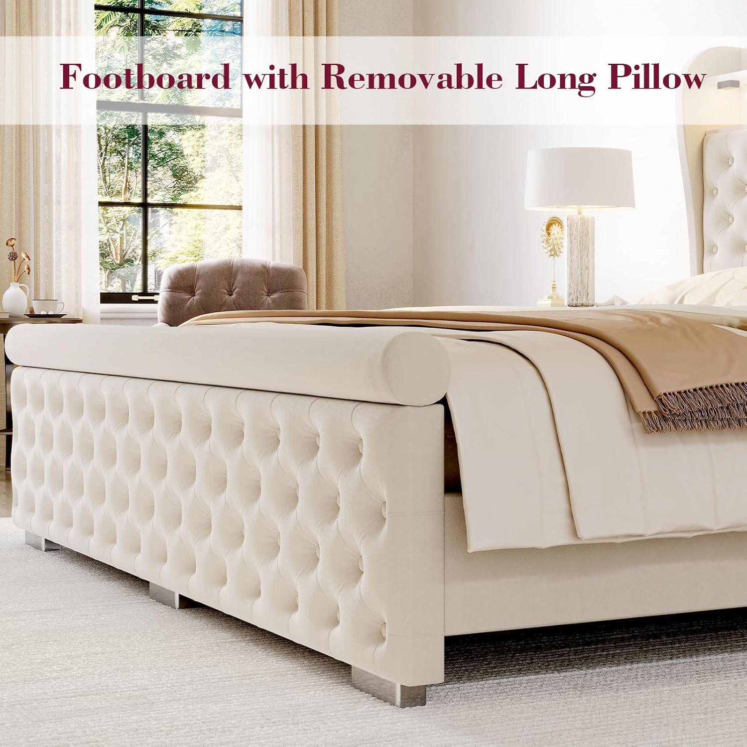 ROCHECASA Bed Frame with Storage and Charging Station, 50.6' Tall Velvet Upholstered Sleigh Bed with Wingback Bookcase Headboard with LED Light, No Box Spring Needed, Easy Assemble, Twin, Cream