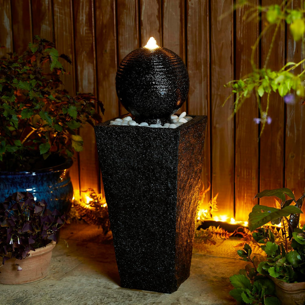 Glitzhome Outdoor Water Fountain with LED Light & Pump, Black Pedestal Sphere Fountain Decorative Water Fountains, Modern Waterfall Floor Fountain with Pebbles for Garden Patio Decor Porch, 31.75'H