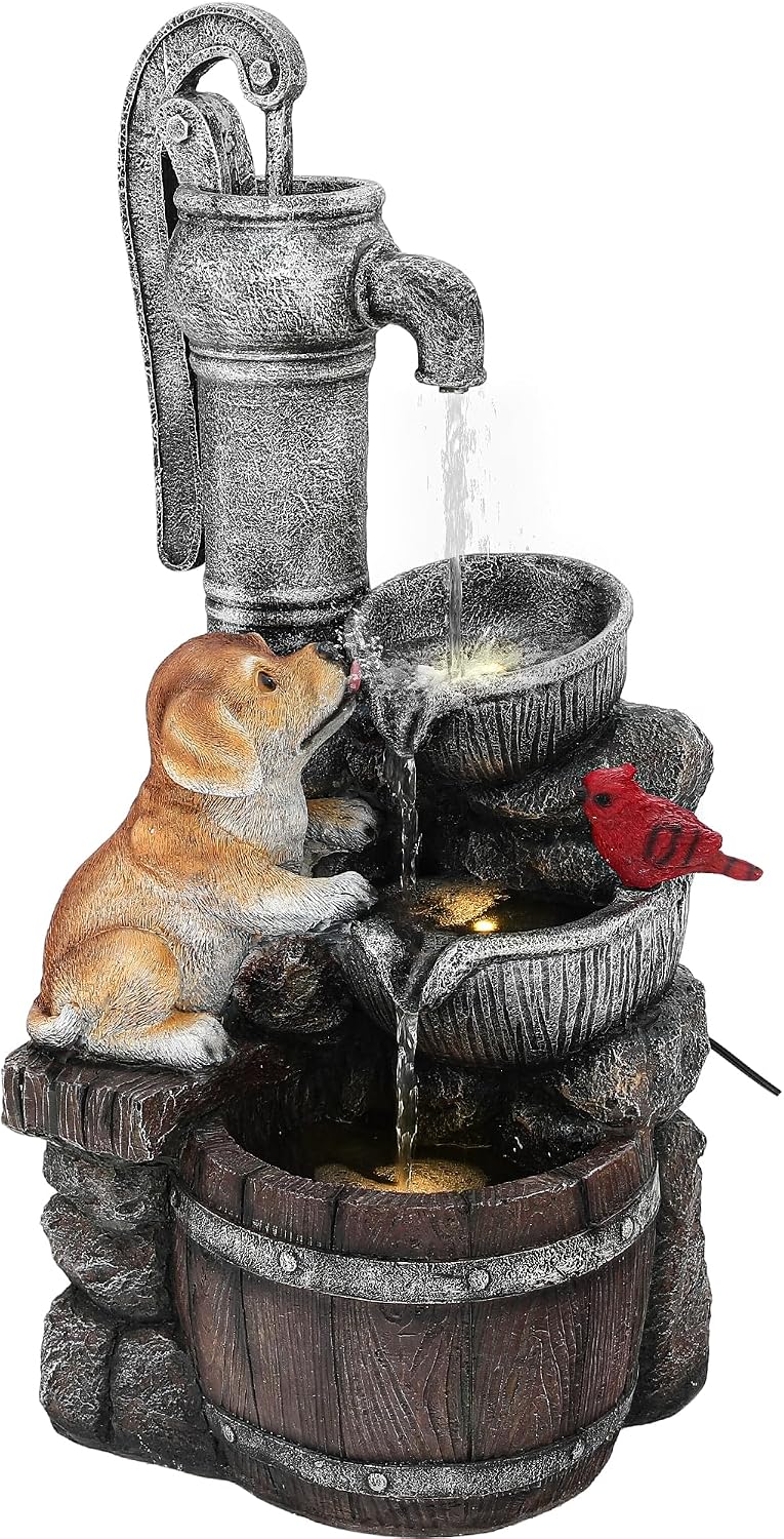 30' Puppy & Red Bird Outdoor Fountain, 3-Tier Pastoral Water Feature with LED Lights, Resin Two Bowls & Wooden Barrel Soothing Cascading Waterfall for Patio, Backyard, Garden