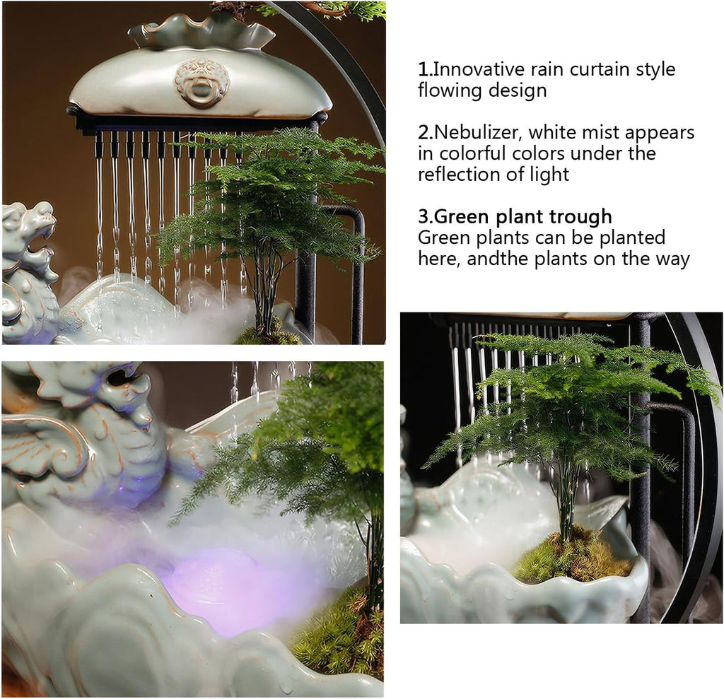 Waterfall Fountain Indoor with Mist, Tabletop Water Fountain,Desk Chinese Ceramic Pixiu Statue with LED Light Ring and Backflow Incense Burner Holder