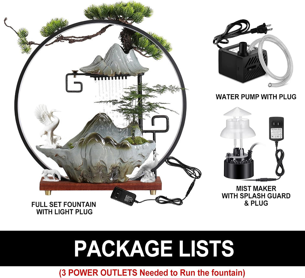 Tabletop Water Fountain Indoor Animals Desktop Waterfall Fountain with Lights Mist Backflow Incense Holder Meditation Relaxing Indoor Zen Decor for Home, Office (Peacock, Horse & Crane)