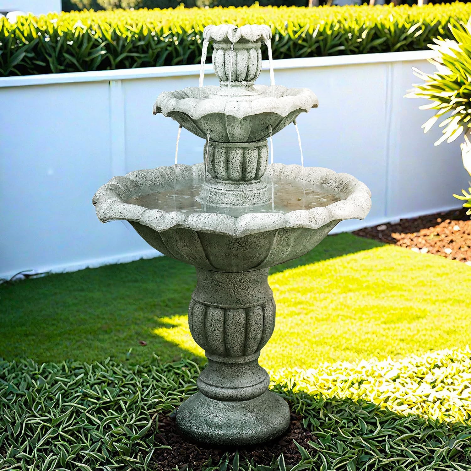 SunJet 39.3' High Modern Concrete Outdoor Water Fountain - 3 Tiered Large Floor Water Fountain and Waterfalls with Electric Pump for Garden, Patio, Yard, and Deck Decor, Featuring Natural Stone Look