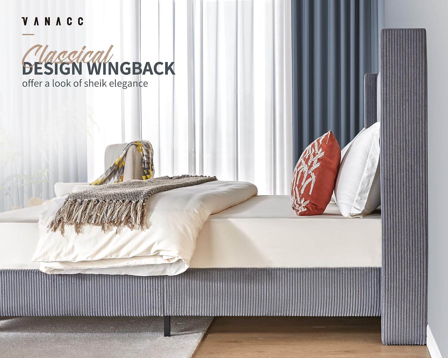 VanAcc Queen Size Platform Bed Frame, 50.8' Corduroy Upholstered Bed with Vertical Channel Tufted Headboard/Wooden Slats/Wingback/No Box Spring Required/Grey