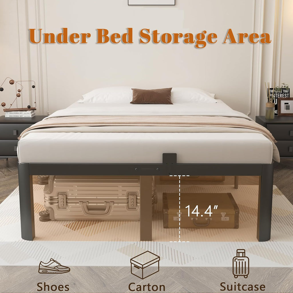 16 Inch Black Bed Frame Queen Size, Metal Platform Queen Bed Frame with Anti-Slip Baffles, No Box Spring Needed, Heavy Duty Steel Platform Support, Round Corner Design, Storage Space, Noiseless