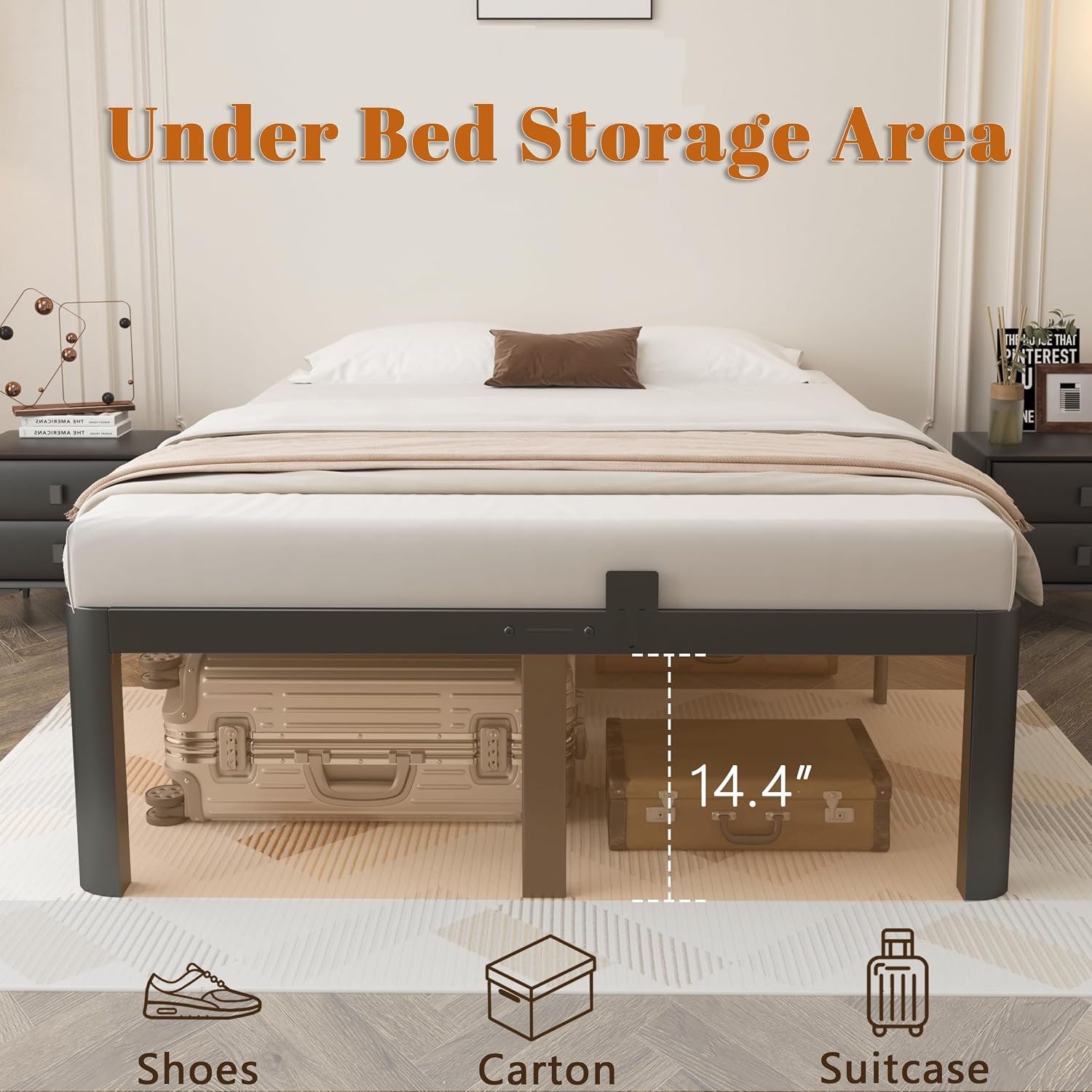 16 Inch Black Bed Frame Queen Size, Metal Platform Queen Bed Frame with Anti-Slip Baffles, No Box Spring Needed, Heavy Duty Steel Platform Support, Round Corner Design, Storage Space, Noiseless