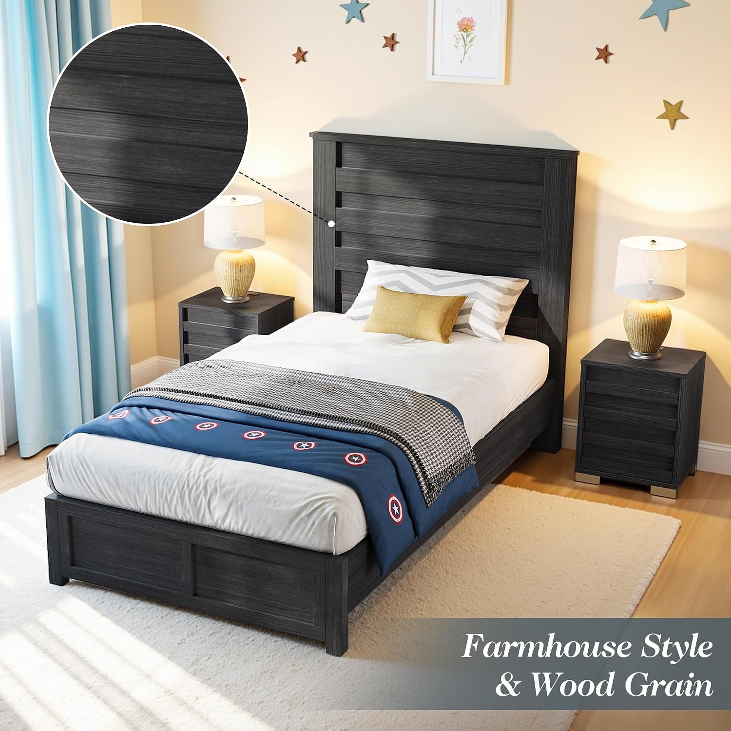 Albott Farmhouse Twin Platform Bed with 49' Fluted Headboard, Wood Bed Frame with Natural Grain Finish, No Box Spring Needed, Noise-Free, Black