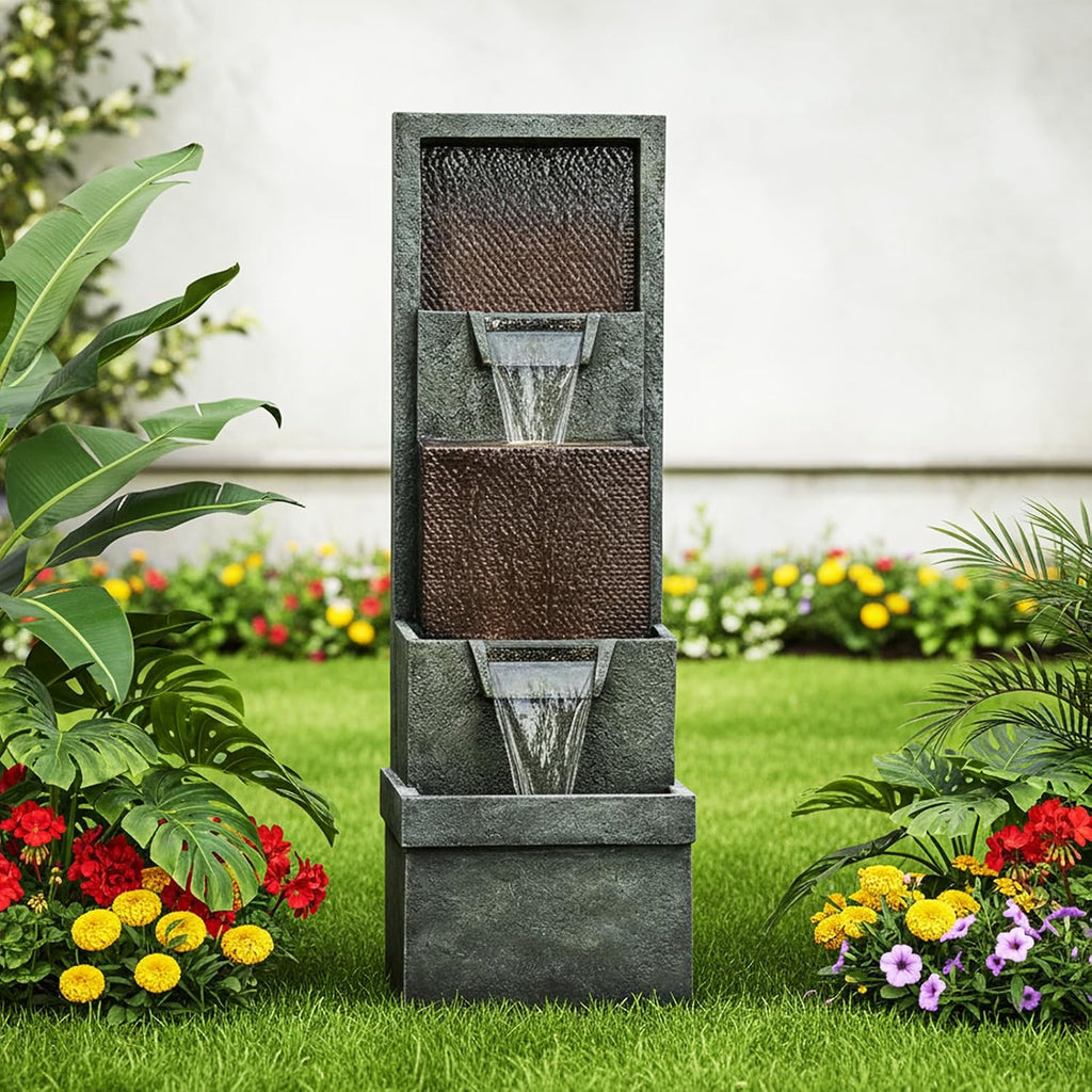 Naturefalls 39.3' Tall 4-Tier Outdoor Water Fountain with LED Lights - Gray Resin Indoor/Outdoor Waterfall Fountain for Garden Patio Deck Backyard Home Decor