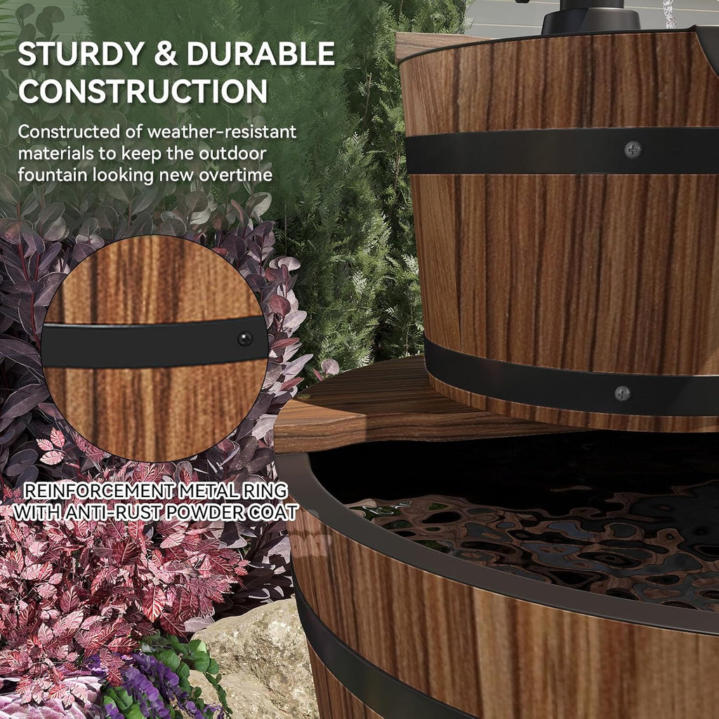 Aoxun 3-Tier Outdoor Water Fountain, Wood Barrel Cascading with Electric Decorative Hand Pump, Rustic Waterfall Fountain for Garden, Backyard, Patio, Porch, Yard