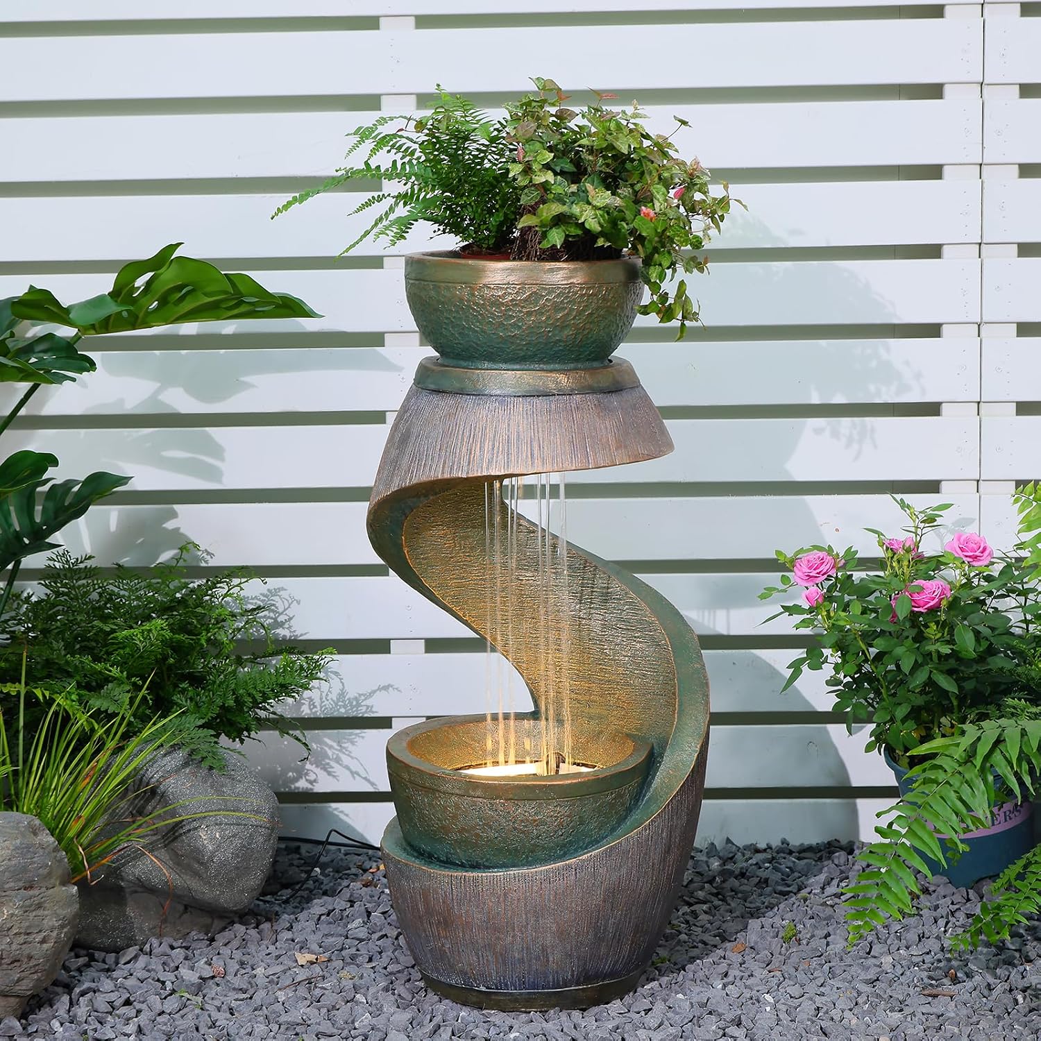 31.9' Outdoor Water Fountain with Lights – S-Shaped Water Feature Outdoor Modern Resin Waterfall Feature with Bowl Planter, Decorative Garden Fountain for Patio Balcony Porch Yard, Gold