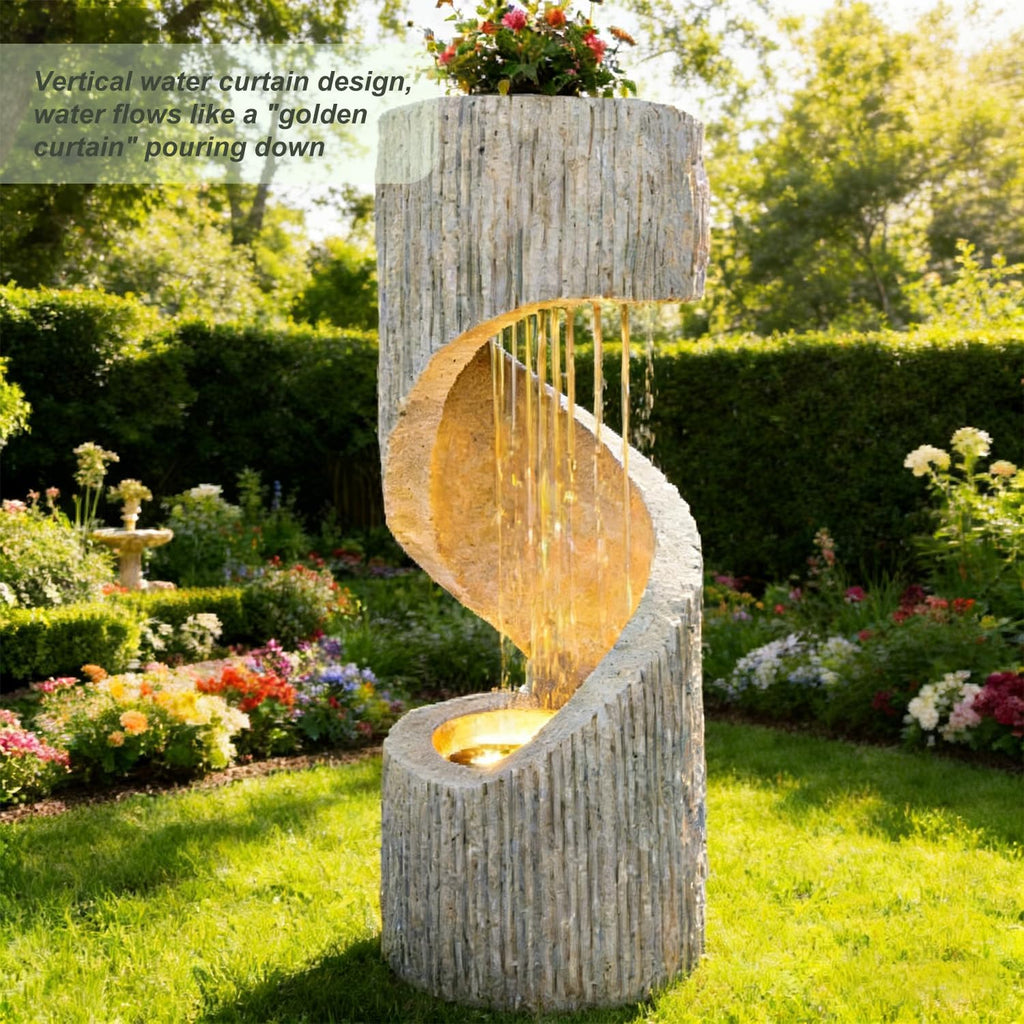 Outdoor Water Fountain with LED Lights - Resin Spiral Water Feature,29.9 Inch Modern Garden Decor for Patio, Yard & Lawn