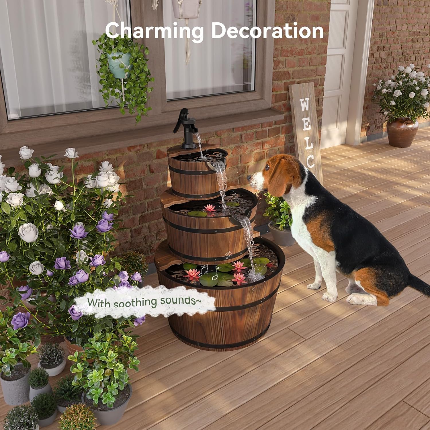 Aoxun 3-Tier Outdoor Water Fountain, Wood Barrel Cascading with Electric Decorative Hand Pump, Rustic Waterfall Fountain for Garden, Backyard, Patio, Porch, Yard