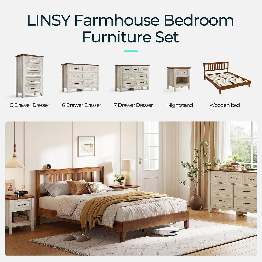 LINSY Wood Full Size Bed Frame, Solid Wood Platform Bed Frame Full with headboard, Wooden Bed with Wood Slat Support, No Box Spring Needed, Walnut