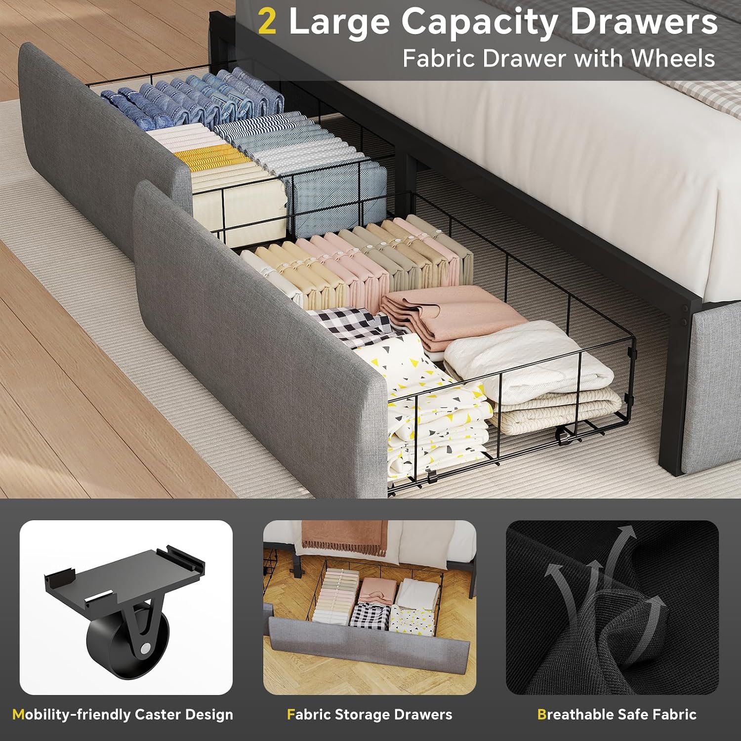 SADENICEL Queen Bed Frame with Storage Headboard and 2 Drawer, Metal Queen Size Bed Frame Platform with LED Light, Charging Station, No Box Spring Needed, Noise Free, Easy Assembly, Grey