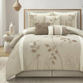 LANCO MODERN LIFESTYLE Beige King Comforter Set, 7 Pieces Bed in a Bag, Elegant Floral Leaves Embroidery, Soft and Lightweight All Seasons Bedding Set, Bedskirt, Pillow Shams, Decor Pillows