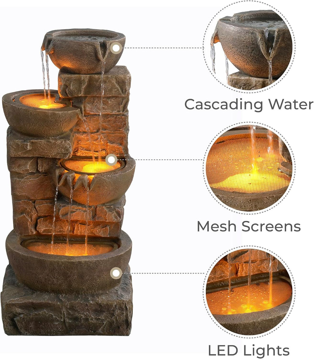 Teamson Home 33.27' Cascading Bowls & Stacked Stones LED Water Fountain for Outdoor Living Spaces, Brown