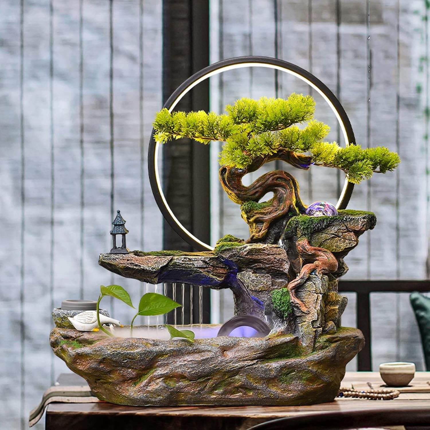 Tabletop Water Fountain Tabletop Water Fountain Indoor Waterfalls Fountains Decorative Tabletop Fountain with LED Light Artificial Bonsai Tree Design Best Home Gifts for Parents or Friends Indoor Foun