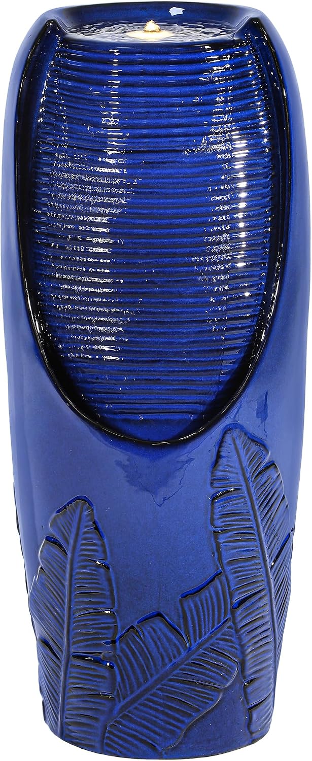 33' H Outdoor Garden Fountain with LED Lights, Modern Ceramic Jar Water Fountain, 3D Tropical Leaf Pattern, Cobalt Blue Glaze, Soothing Cascading Waterfall for Relaxing Patio, Yard, Porch