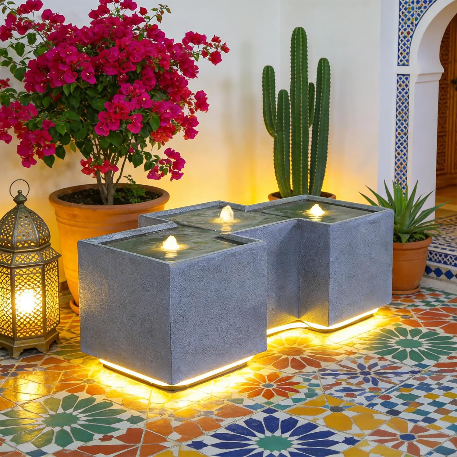 Sunlinua Small Modern Outdoor Water Fountain with 3 Led Lights Tiered Cascading Waterfall Feature with Quiet Pump Floor Water Fountain for Patio Garden Backyard Decking Home and Indoor Décor Brown