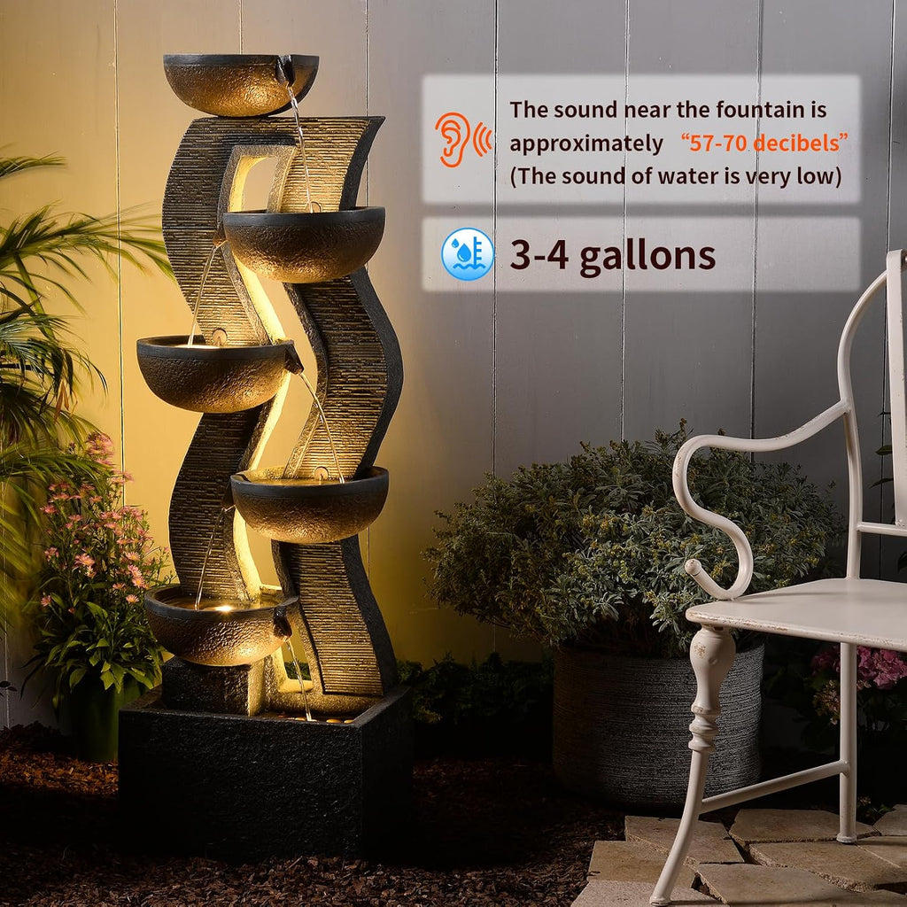 52.8' Tall Outdoor Water Fountain with Lights, 6-Tier Cascading Resin Waterfall Feature for Porch, Garden, Yard, Deck, Patio – Large Freestanding Outdoor Fountain and Waterfall Outside Decor