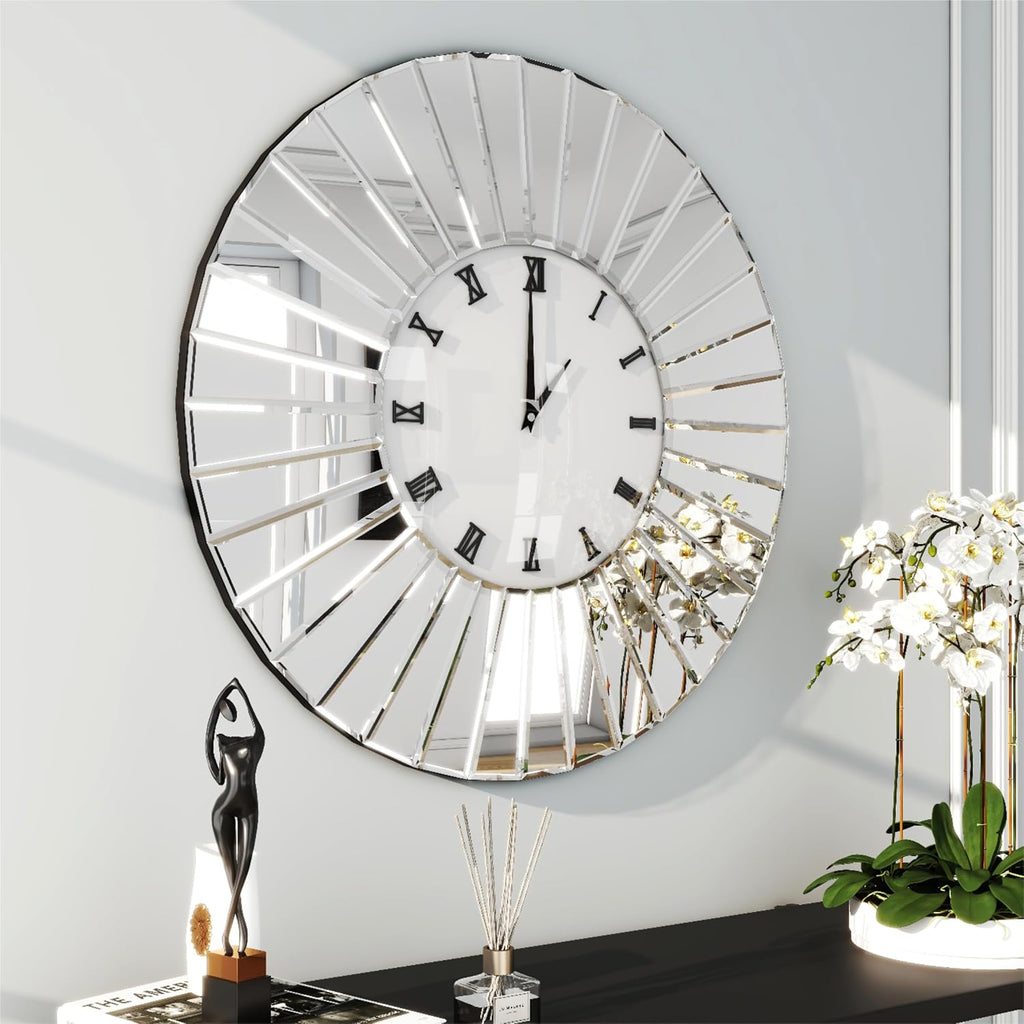SHYFOY Mirrored Wall Clocks, 24' Decorative Large Clock for Wall Decor, Oversize Glass Wall Clock for Living Room, Big Silver Clock Modern Luxury Home Decor