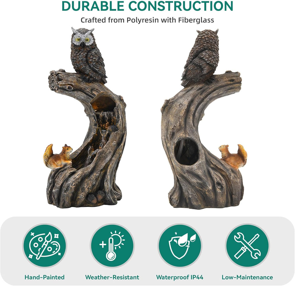 32' H Resin Owl Tree Trunk Fountain Outdoor, Forest Style 4-Tiers Water Feature Outdoor with Lights, Soothing Cascading Waterfall for Patio, Backyard, Garden or Porch