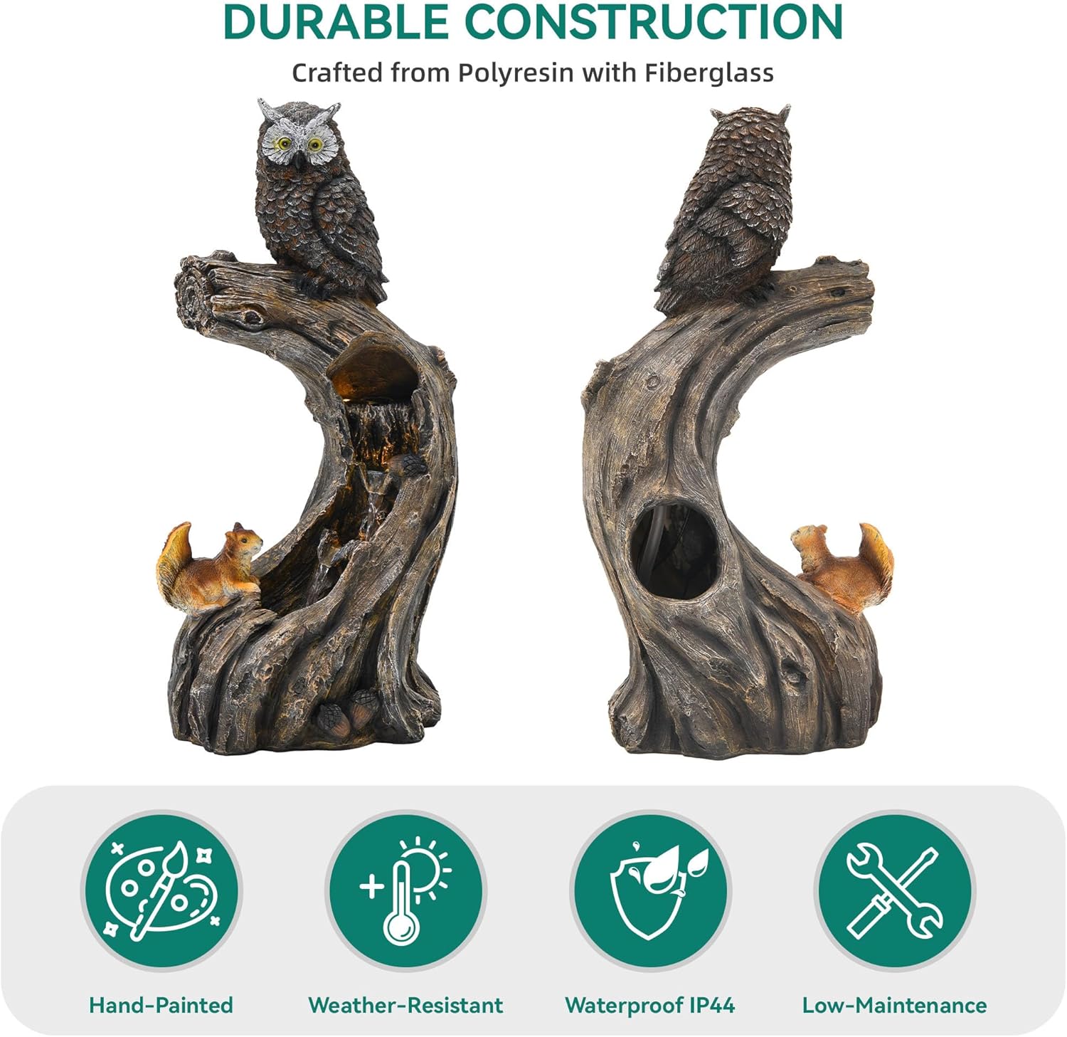 32' H Resin Owl Tree Trunk Fountain Outdoor, Forest Style 4-Tiers Water Feature Outdoor with Lights, Soothing Cascading Waterfall for Patio, Backyard, Garden or Porch