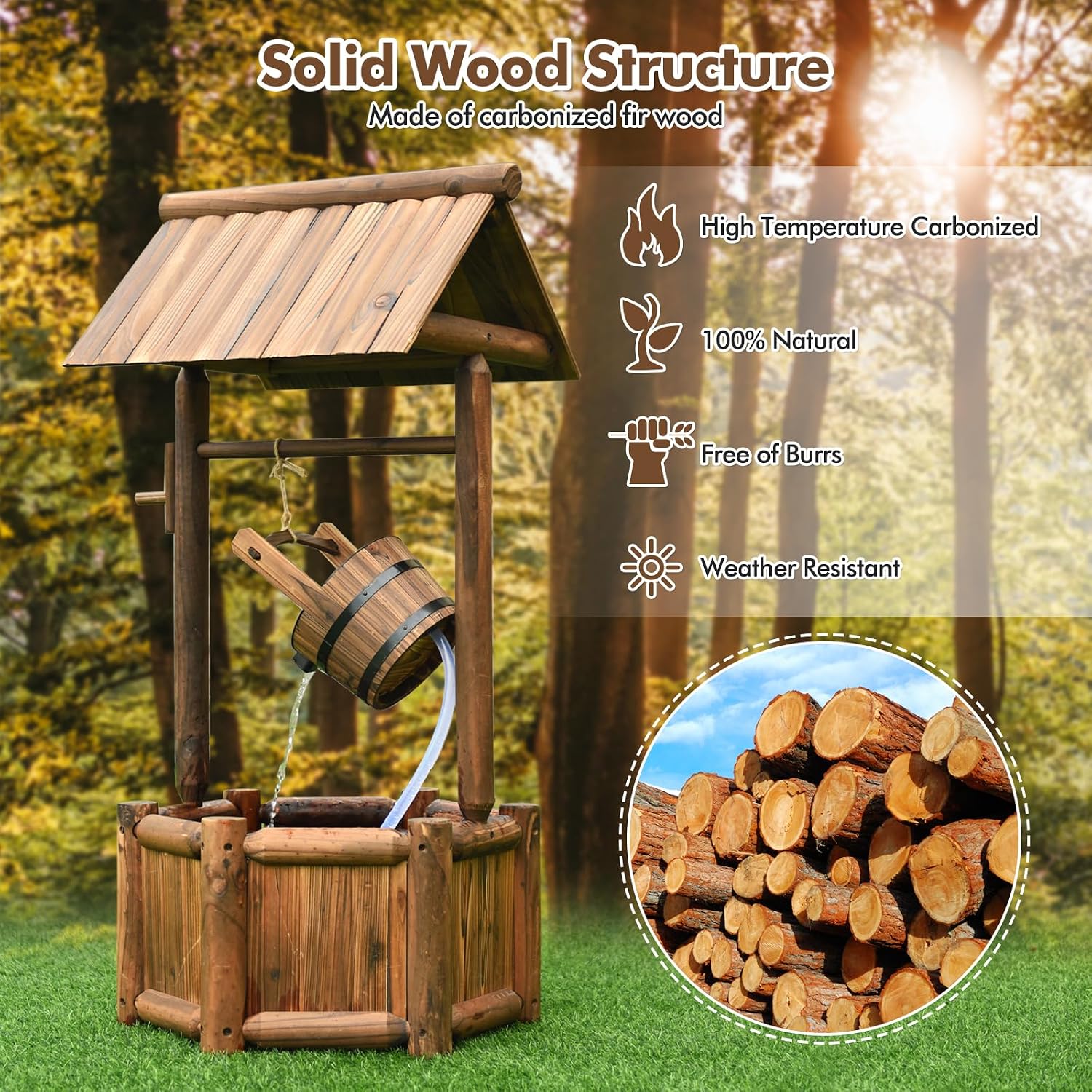 Tangkula Outdoor Wishing Well Water Fountain, Old-Fashioned Wood Waterfall Fountain w/Bucket Pump, Rustic Farmhouse Decoration for Garden, Backyard, 46 Inch Tall (20' x 23' x 46')
