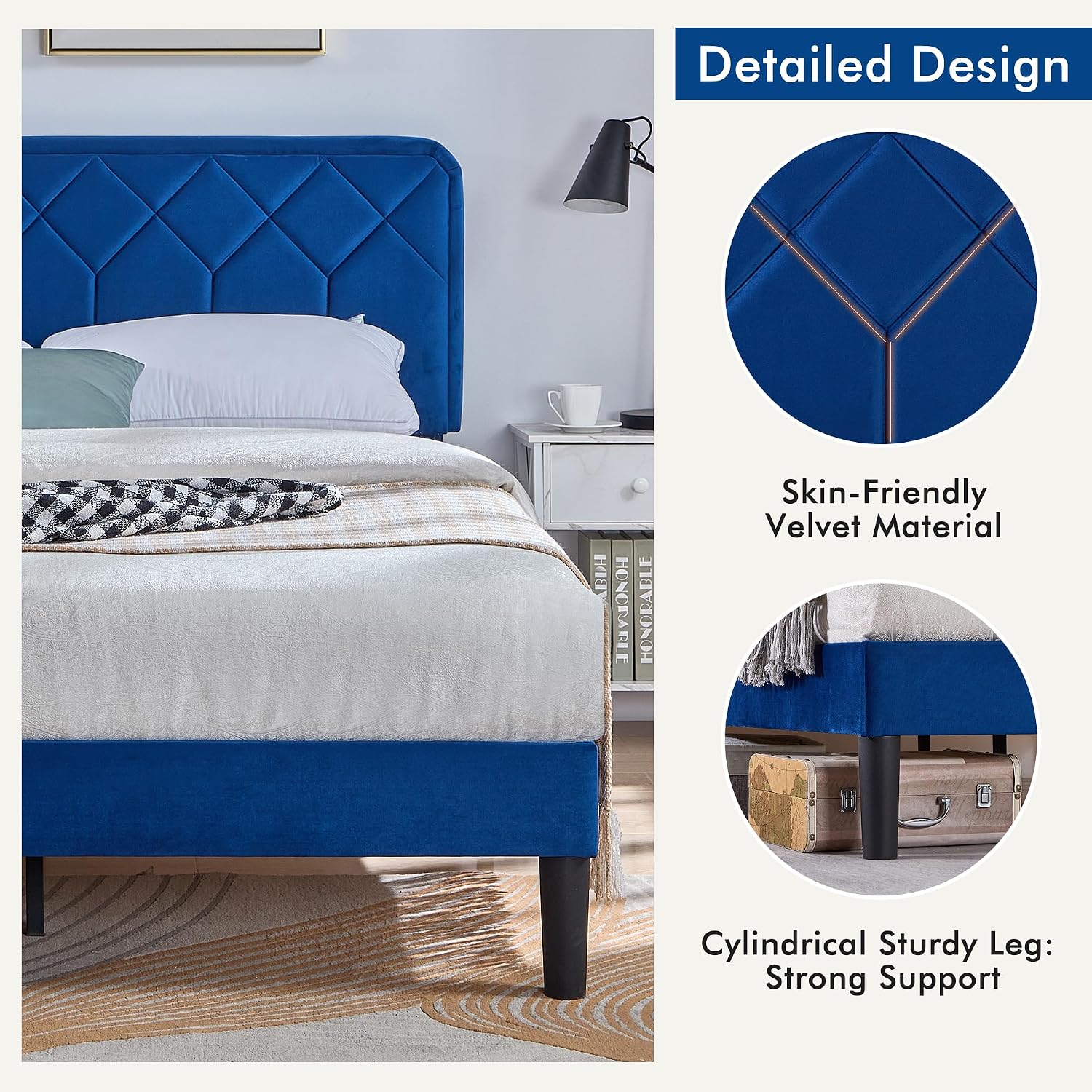 VECELO Queen Size Bed Frame, Velvet Upholstered Platform with Adjustable Headboard, Mattress Foundation with Solid Wood Slats, No Box Spring Needed, Easy Assembly