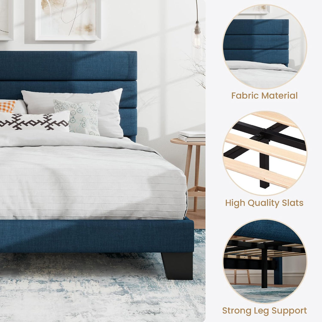 SHA CERLIN Queen Platform Bed Frame with Upholstered Fabric Headboard, Mattress Foundation with Strong Wooden Slats Support, No Box Spring Needed, Blue