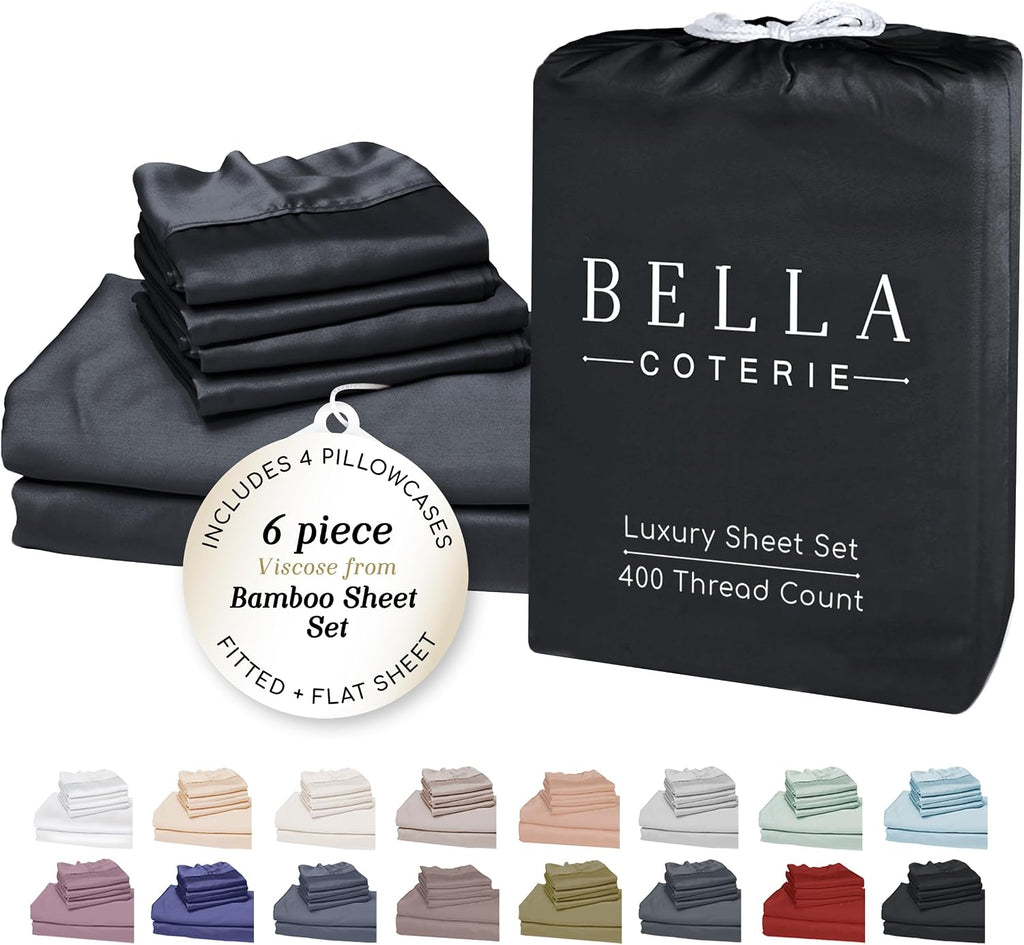 Bella Coterie 6 Piece Luxury Bamboo Viscose King Size Sheet Set | 100% Organically Grown | Cooling for Hot Sleepers | 18' Deep Pocket | Soft & Hypoallergenic | 4 Pillowcases [Black]