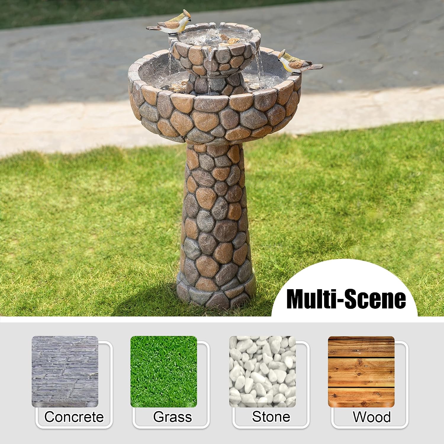 Glitzhome 2-Tier Stone Like Outdoor Water Fountain with Birds, Bird Bath Outdoor Waterfall Fountain Decor, Freestanding Water Fountains with Pump for Garden Yard Patio Porch, 24.41'H