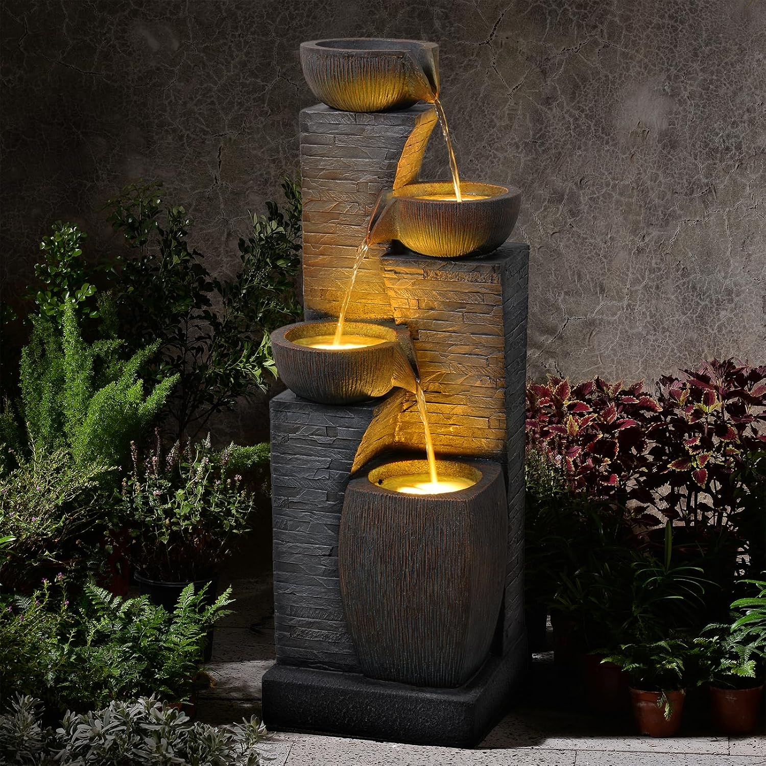 38.2' Tall Outdoor Water Fountain,Stone Texture Modern 4 Tiers Cascading Bowls Garden Fountains Outdoor,Suit for Patio, Deck, Porch, Lawns, Backyard and Home Art Decor