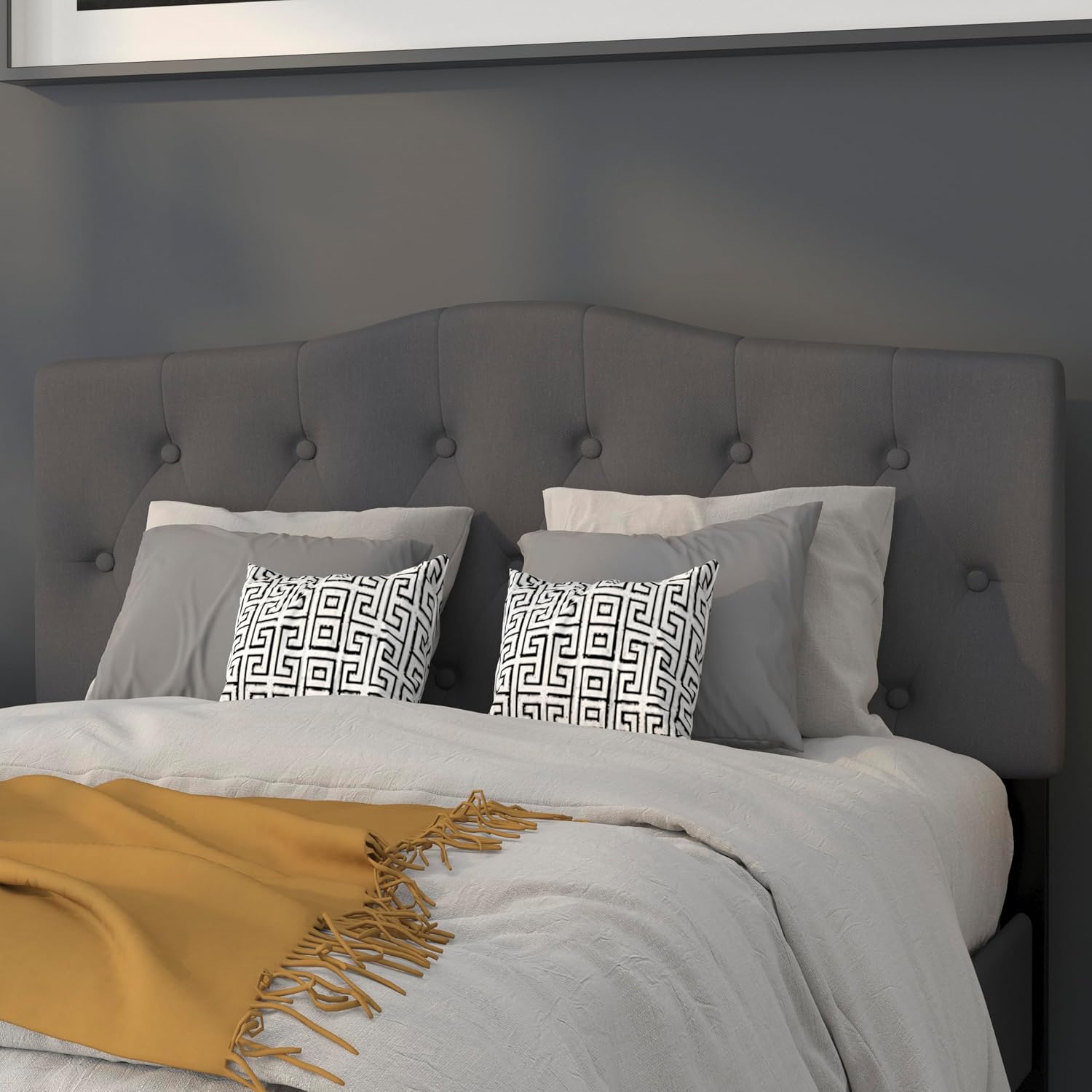 EMMA + OLIVER Tufted Upholstered Full Size Headboard in Dark Gray Fabric