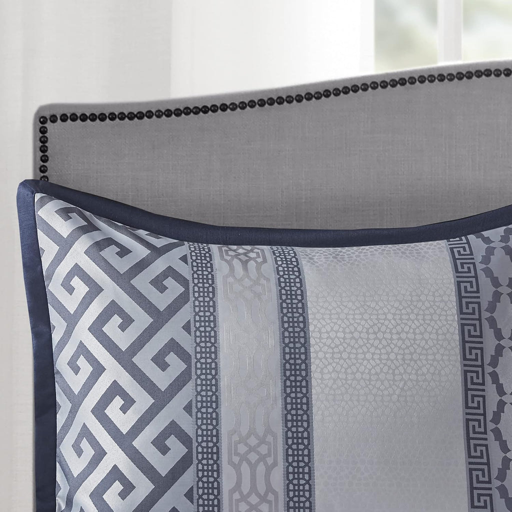 Madison Park Luxury Comforter Set-Traditional Jacquard Design All Season Down Alternative Bedding, Matching Bedskirt, Decorative Pillows, Queen (90'x90'), Bennett, Geometric Navy 7 Piece